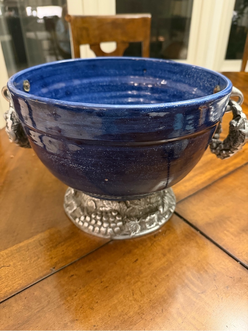 Blue Ceramic Bowl with Decorative Silver-Tone Base and Handles